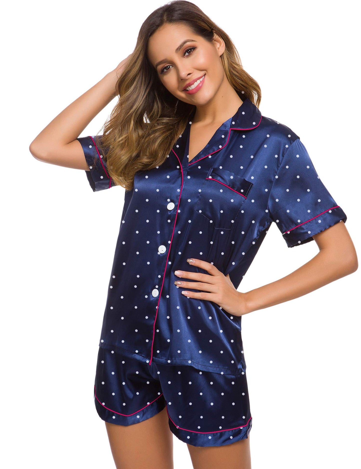 SWOMOG Womens Silk Satin Pajamas Set Short Sleeve Button Down Sleepwear Loungewear 2 Pcs Pj Sets