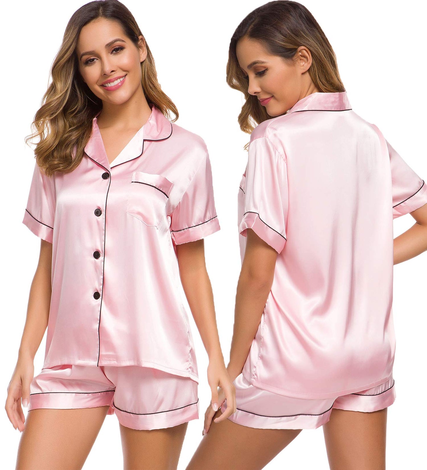 SWOMOG Womens Silk Satin Pajamas Set Short Sleeve Button Down Sleepwear Loungewear 2 Pcs Pj Sets