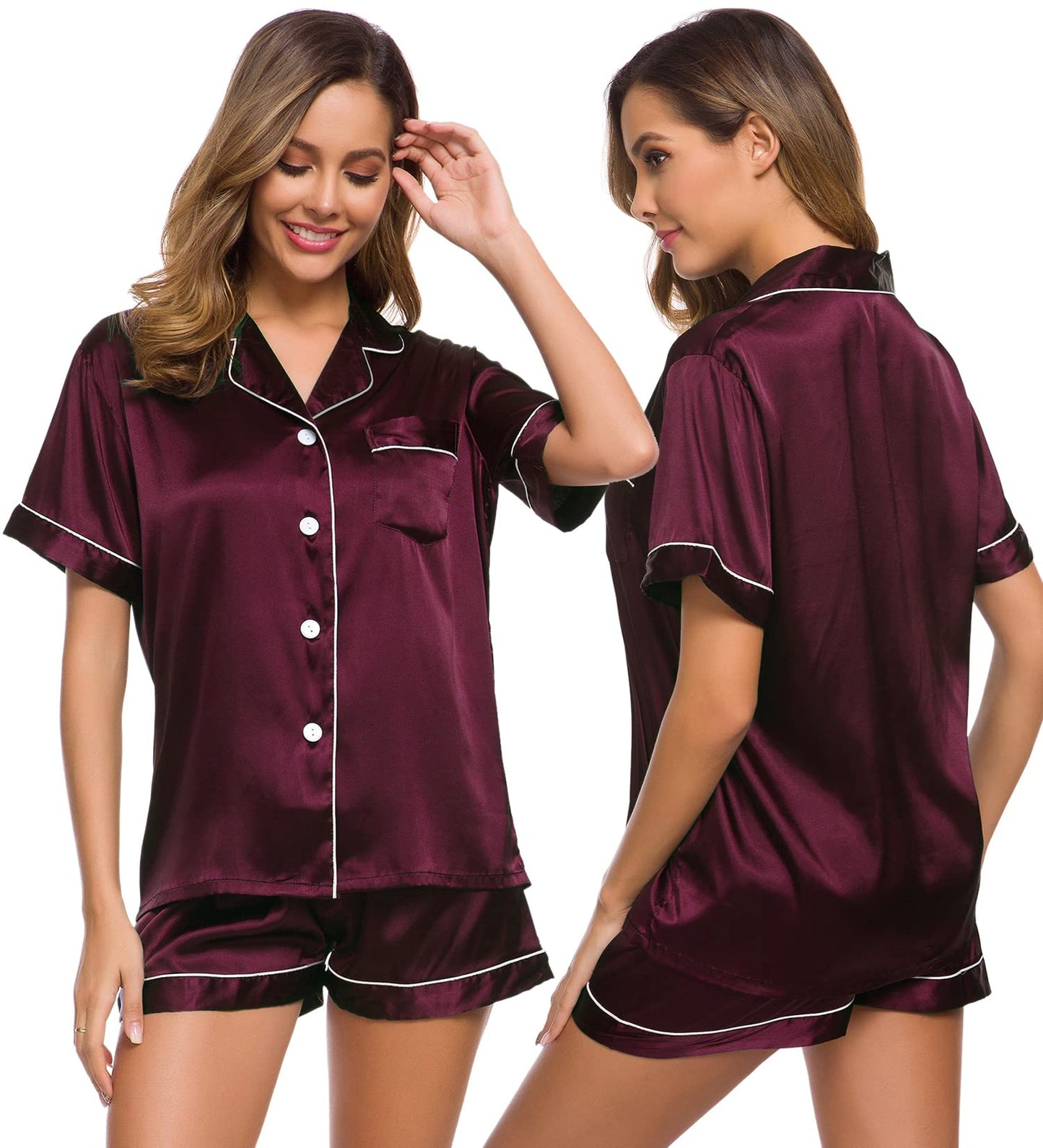 SWOMOG Womens Silk Satin Pajamas Set Short Sleeve Button Down Sleepwear Loungewear 2 Pcs Pj Sets