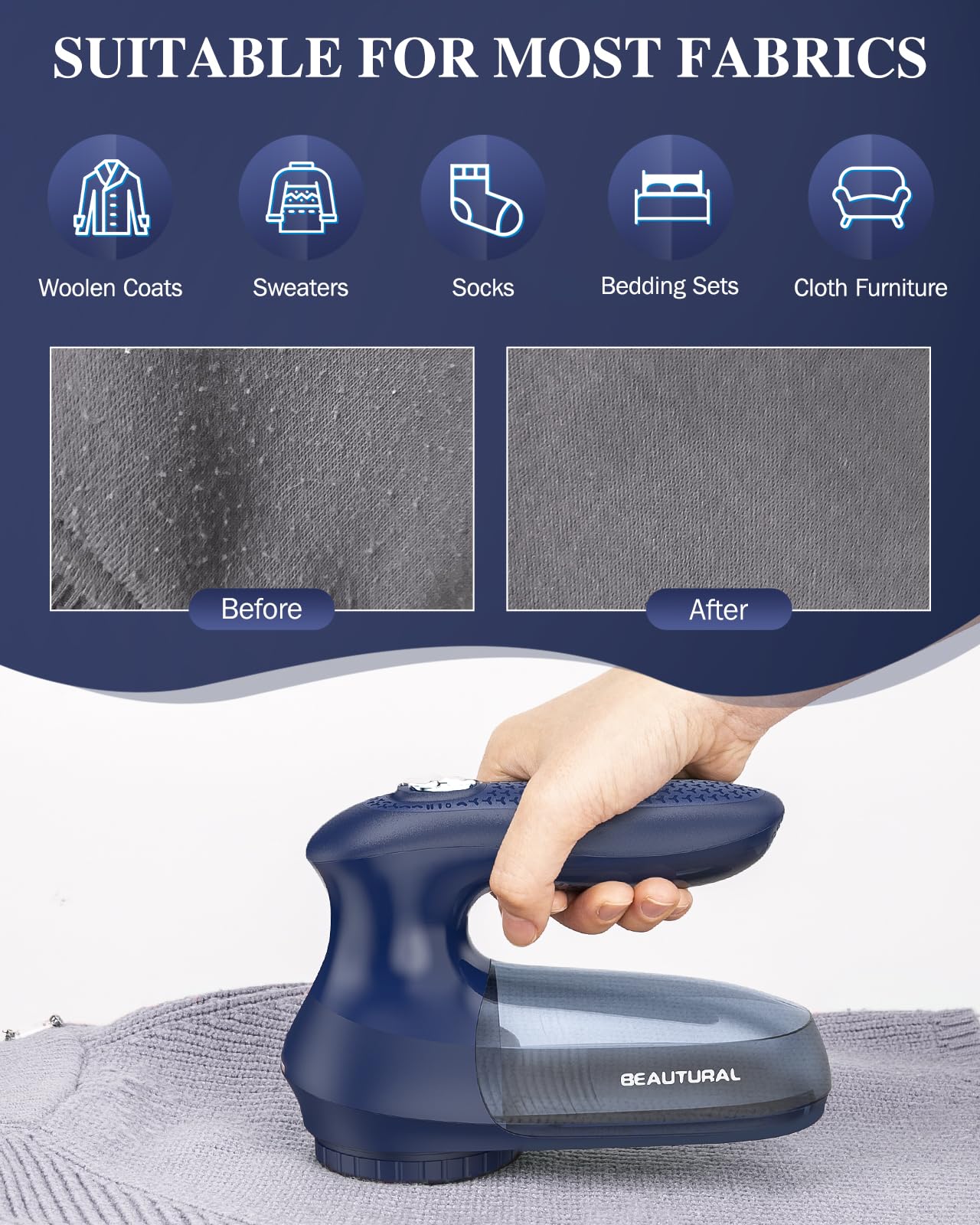 BEAUTURAL Lint Remover Fabric Shaver and Sweater Defuzzer with 2-Speeds, 2 Replaceable Stainless Steel Blades, Battery Operated