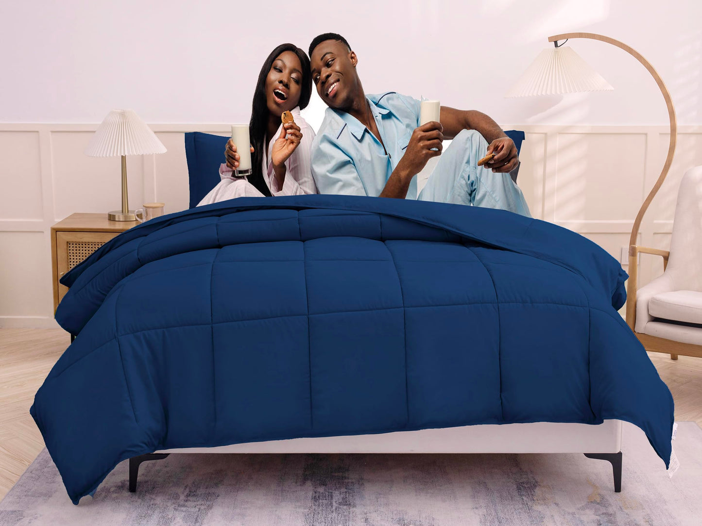 King Size Comforter Set 3 PCs Soft Quilted Down Alternative Comforter with Pillow Shams - Bedding Set, Machine Washable (King, Drak Blue)