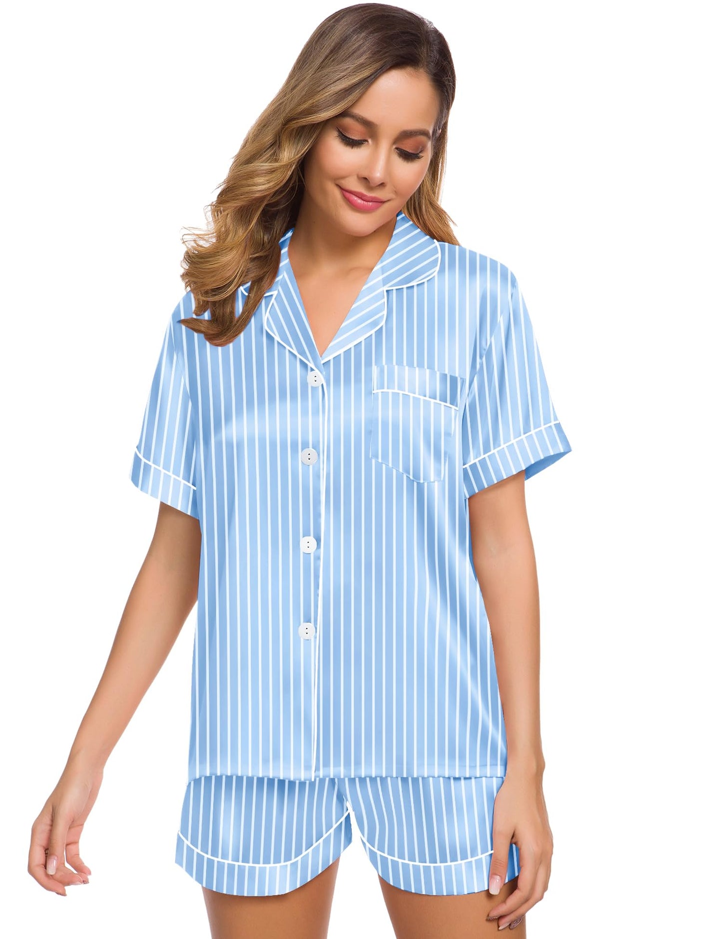SWOMOG Womens Silk Satin Pajamas Set Short Sleeve Button Down Sleepwear Loungewear 2 Pcs Pj Sets