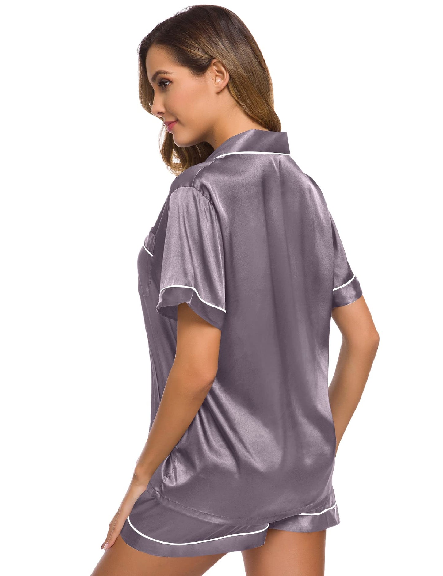 SWOMOG Womens Silk Satin Pajamas Set Short Sleeve Button Down Sleepwear Loungewear 2 Pcs Pj Sets