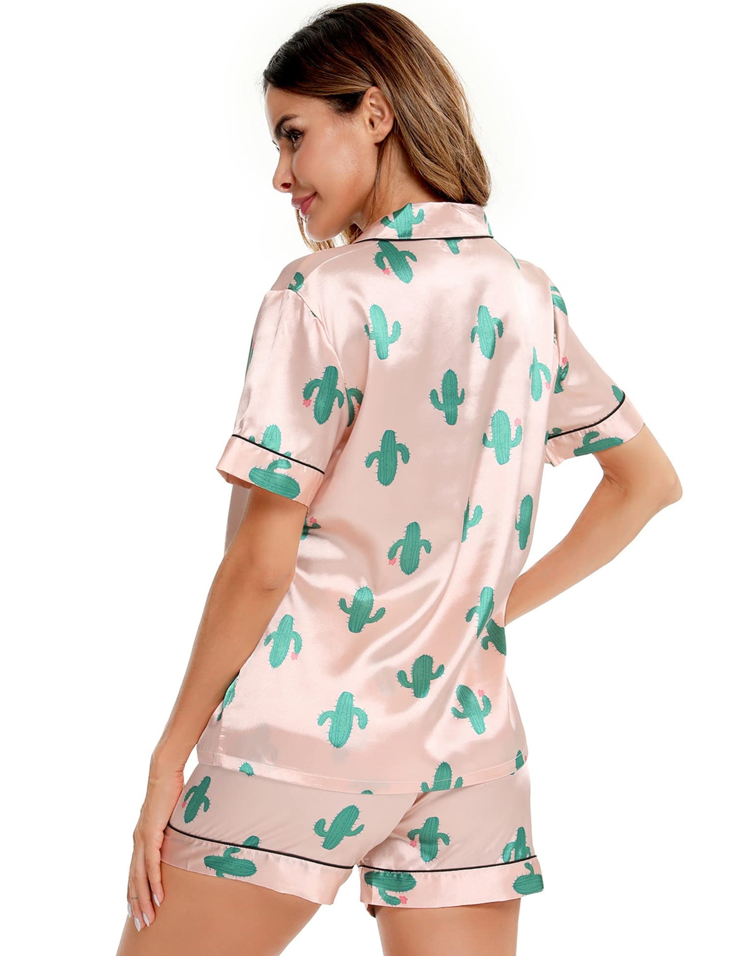 SWOMOG Womens Silk Satin Pajamas Set Short Sleeve Button Down Sleepwear Loungewear 2 Pcs Pj Sets