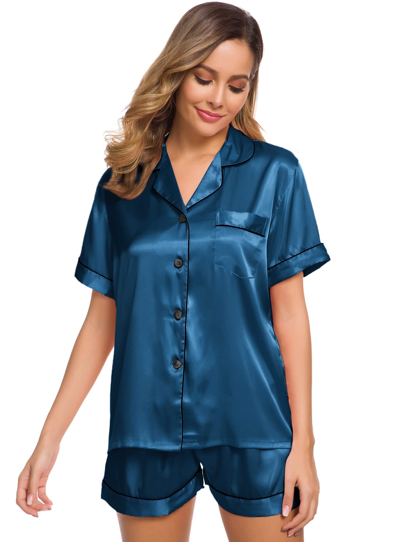 SWOMOG Womens Silk Satin Pajamas Set Short Sleeve Button Down Sleepwear Loungewear 2 Pcs Pj Sets