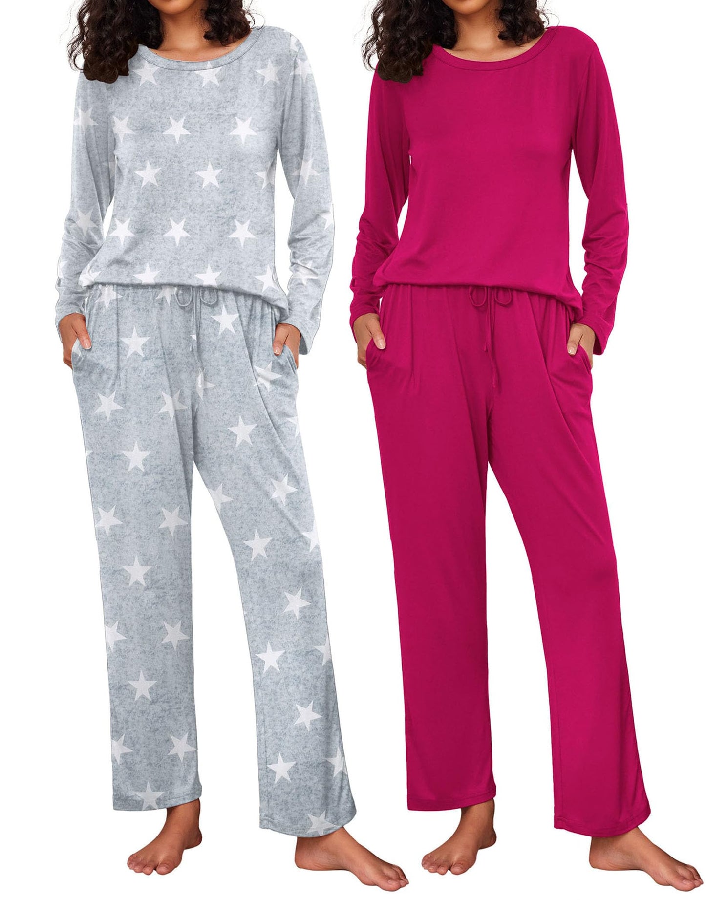 Ekouaer 2 Pack Women's Pajama Set Soft Long Sleeve Sleepwear Loungewear Pjs Sets with Pockets
