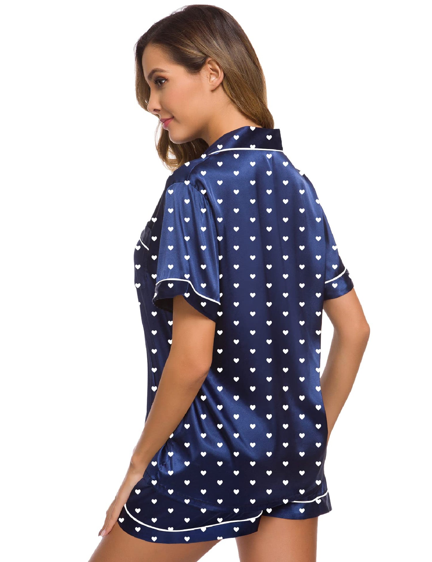 SWOMOG Womens Silk Satin Pajamas Set Short Sleeve Button Down Sleepwear Loungewear 2 Pcs Pj Sets