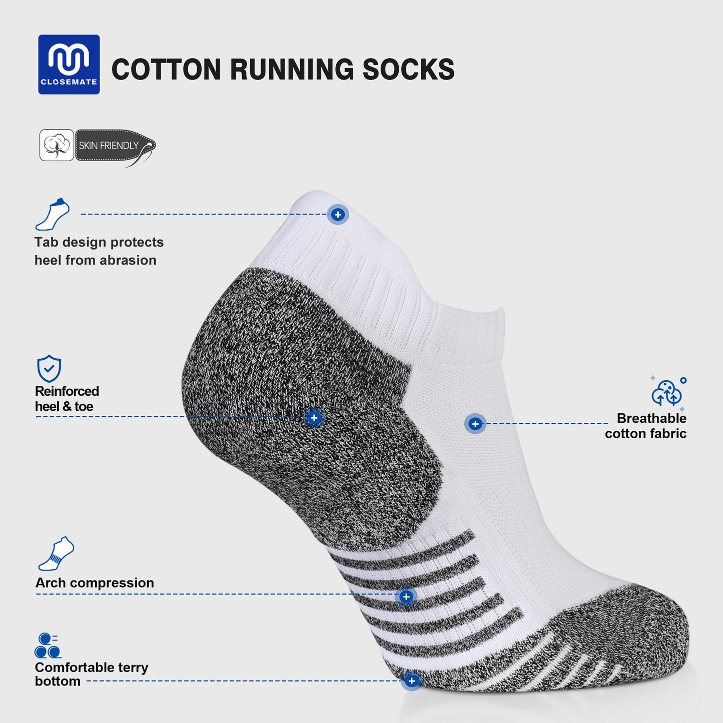 Closemate Mens Ankle Socks 6 Pairs Low Cut Athletic Socks Cotton Cushioned Tab Non-Slip Running Sport Socks