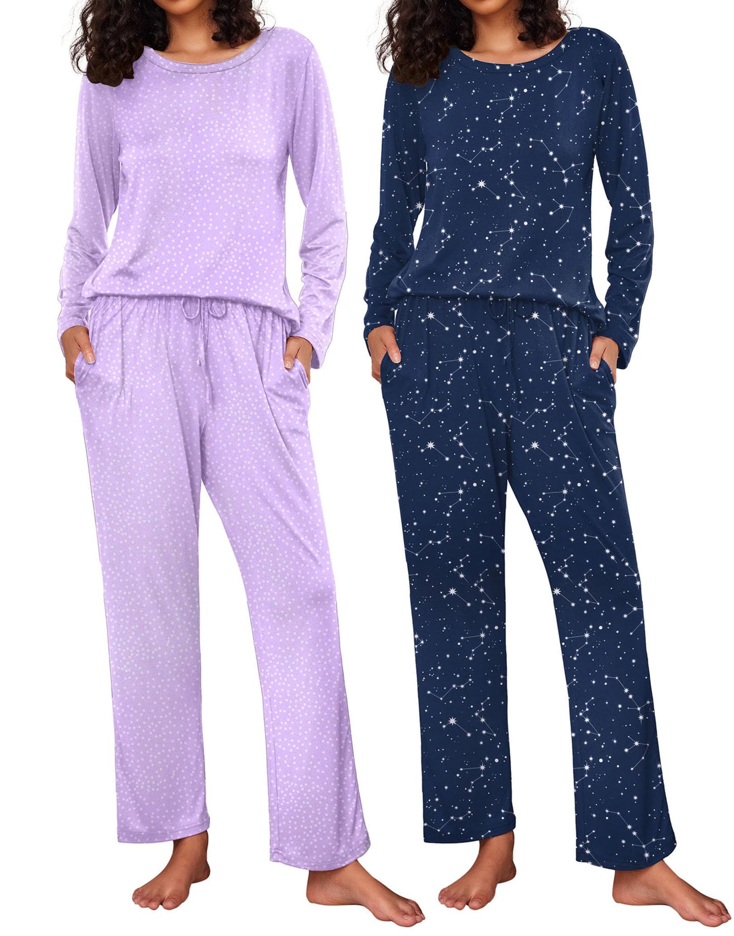 Ekouaer 2 Pack Women's Pajama Set Soft Long Sleeve Sleepwear Loungewear Pjs Sets with Pockets