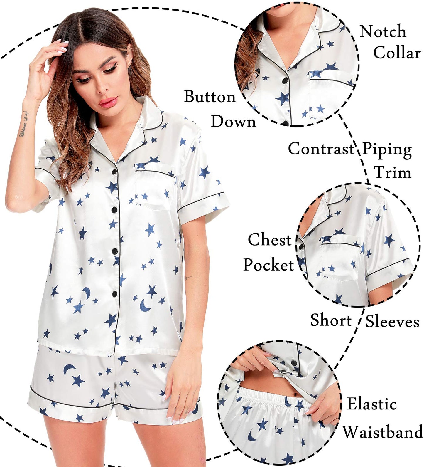 SWOMOG Womens Silk Satin Pajamas Set Short Sleeve Button Down Sleepwear Loungewear 2 Pcs Pj Sets