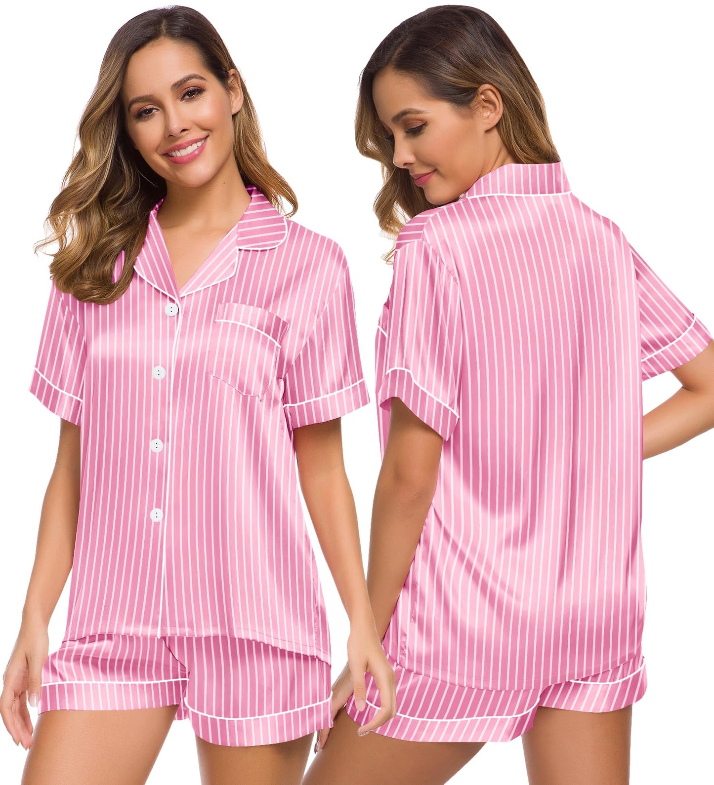 SWOMOG Womens Silk Satin Pajamas Set Short Sleeve Button Down Sleepwear Loungewear 2 Pcs Pj Sets