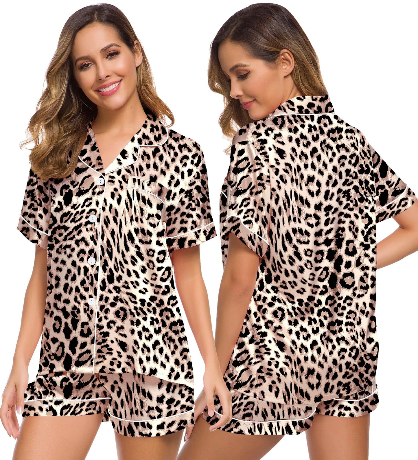 SWOMOG Womens Silk Satin Pajamas Set Short Sleeve Button Down Sleepwear Loungewear 2 Pcs Pj Sets
