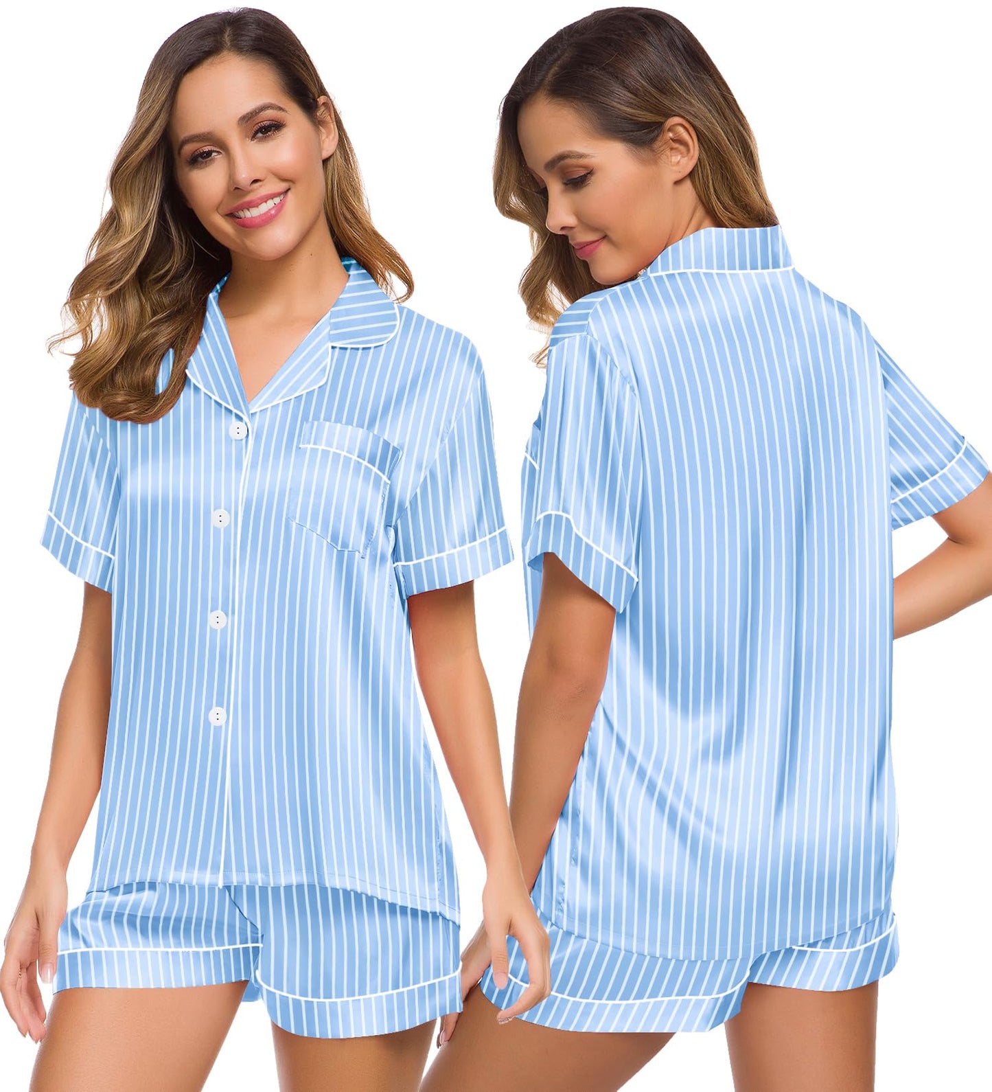 SWOMOG Womens Silk Satin Pajamas Set Short Sleeve Button Down Sleepwear Loungewear 2 Pcs Pj Sets