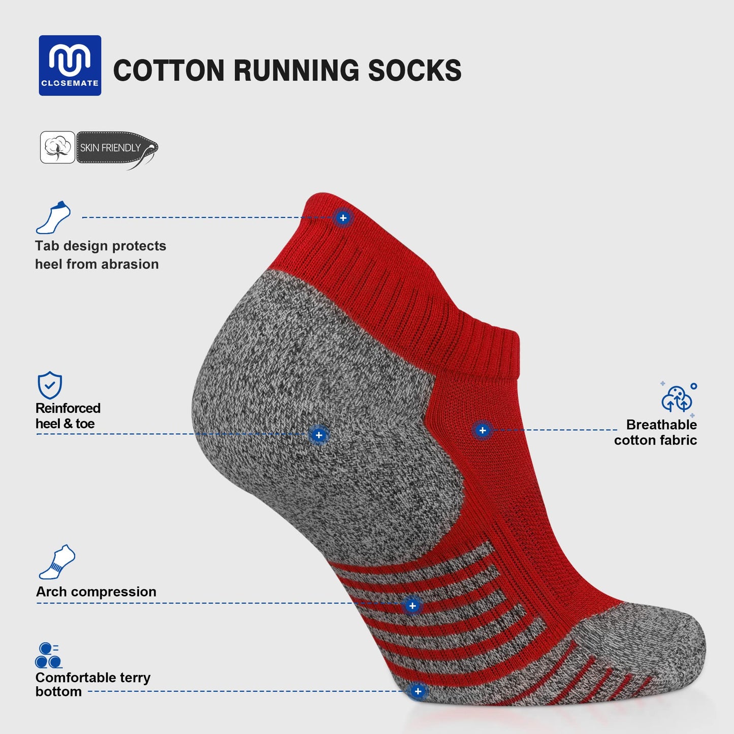 Closemate Mens Ankle Socks 6 Pairs Low Cut Athletic Socks Cotton Cushioned Tab Non-Slip Running Sport Socks