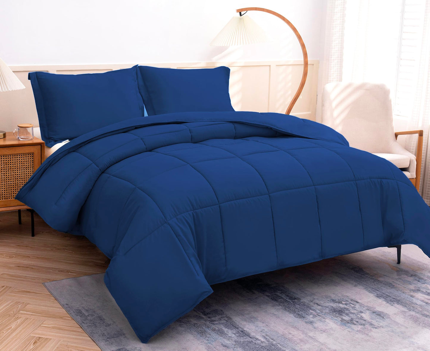 King Size Comforter Set 3 PCs Soft Quilted Down Alternative Comforter with Pillow Shams - Bedding Set, Machine Washable (King, Drak Blue)