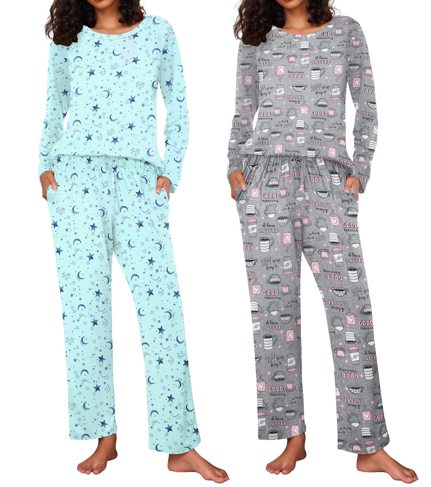 Ekouaer 2 Pack Women's Pajama Set Soft Long Sleeve Sleepwear Loungewear Pjs Sets with Pockets