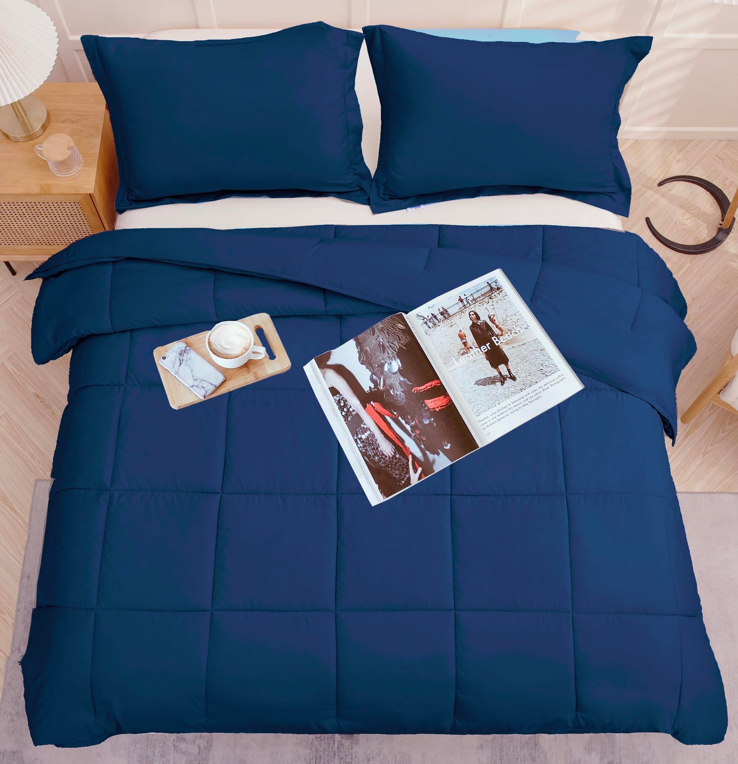 King Size Comforter Set 3 PCs Soft Quilted Down Alternative Comforter with Pillow Shams - Bedding Set, Machine Washable (King, Drak Blue)