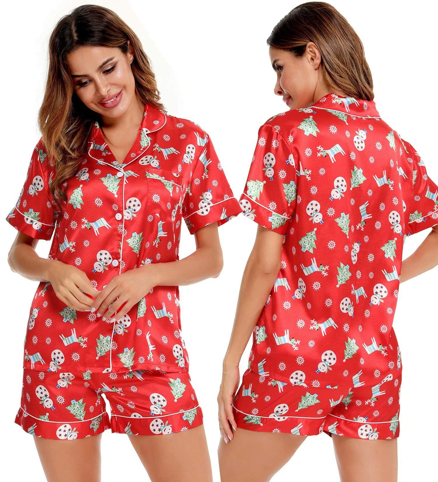 SWOMOG Womens Silk Satin Pajamas Set Short Sleeve Button Down Sleepwear Loungewear 2 Pcs Pj Sets