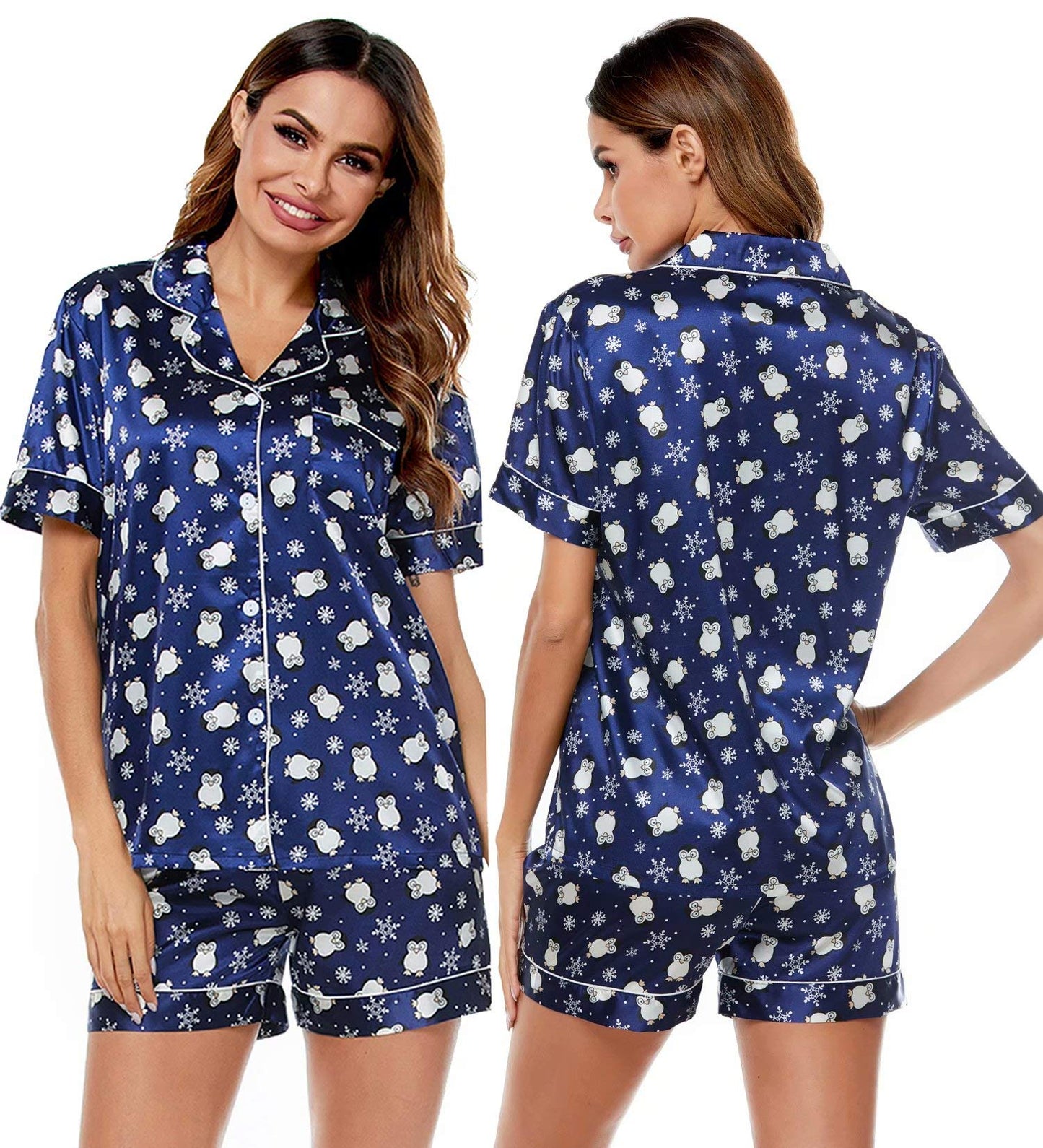SWOMOG Womens Silk Satin Pajamas Set Short Sleeve Button Down Sleepwear Loungewear 2 Pcs Pj Sets