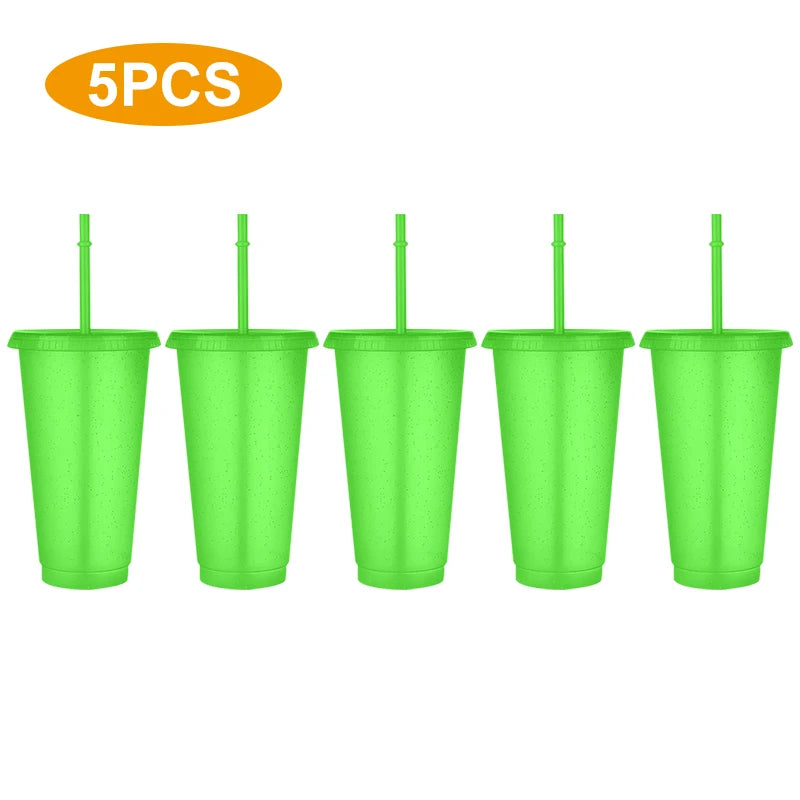 5PCS Flash Powder Water Bottles For Girl With Straw Reusable Hard Plastic Tumbler With lid Coffee Cup Drinkware Christmas Gift