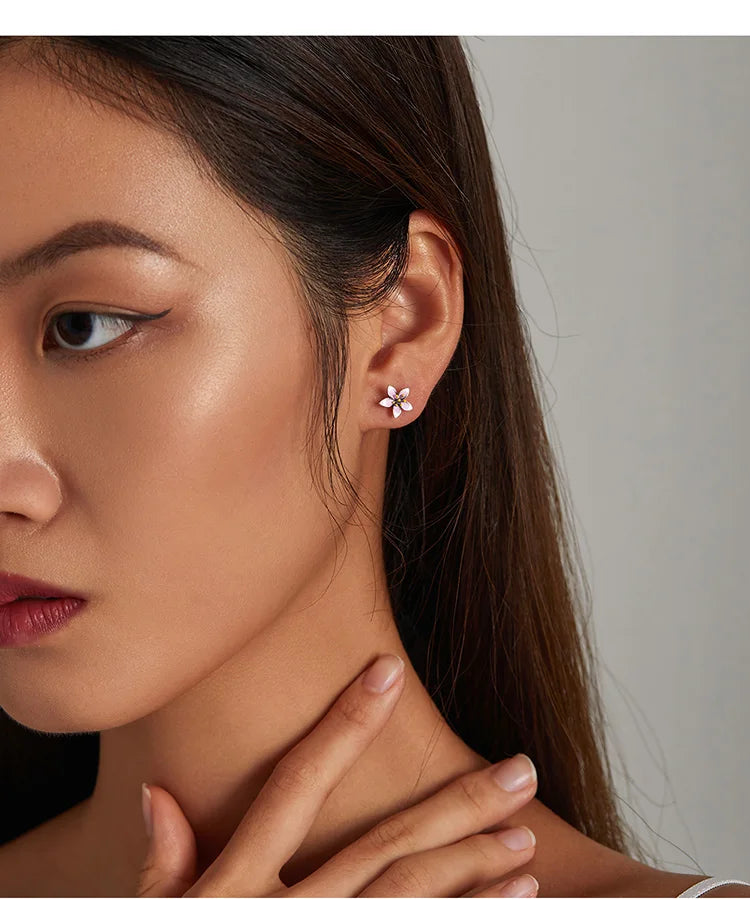 BAMOER Genuine 925 Sterling Silver Elegant Enamel Pink Cherry Blossom Stud Earrings for Women Flower Wedding Jewelry Gift