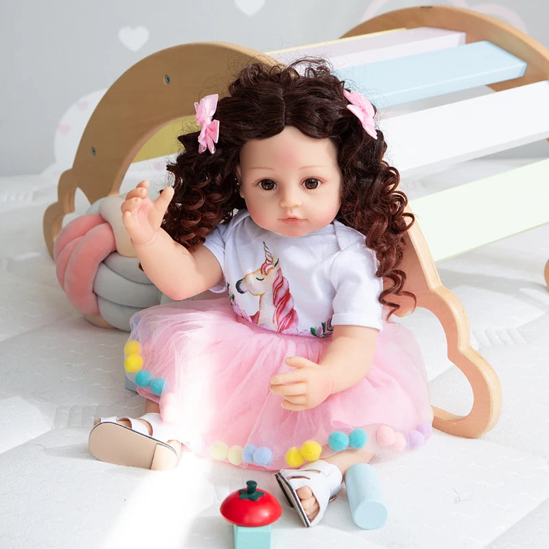 NPK 55CM reborn baby toddler princess full body soft silicone flexible soft touch curly hair fashion girl doll Xmas Gift