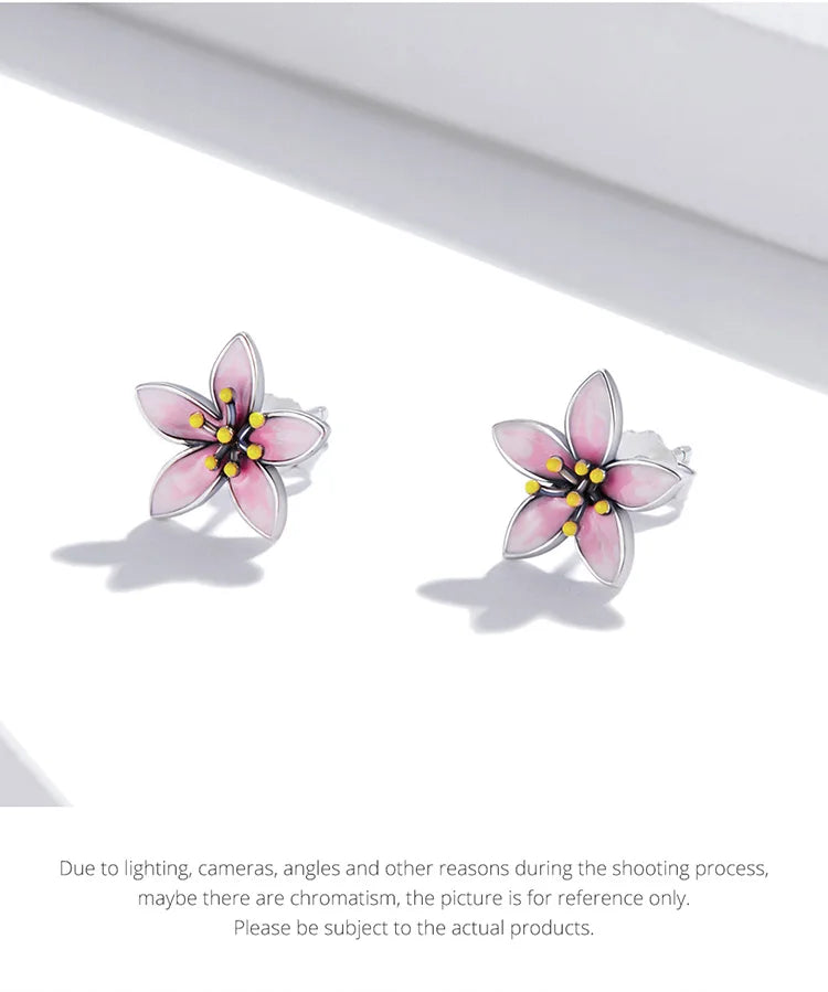 BAMOER Genuine 925 Sterling Silver Elegant Enamel Pink Cherry Blossom Stud Earrings for Women Flower Wedding Jewelry Gift