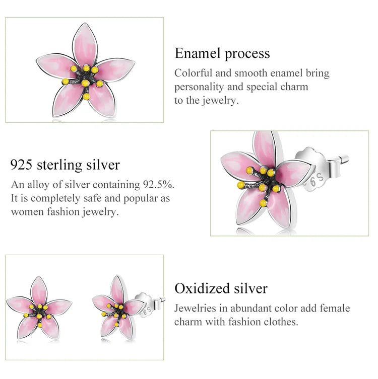BAMOER Genuine 925 Sterling Silver Elegant Enamel Pink Cherry Blossom Stud Earrings for Women Flower Wedding Jewelry Gift