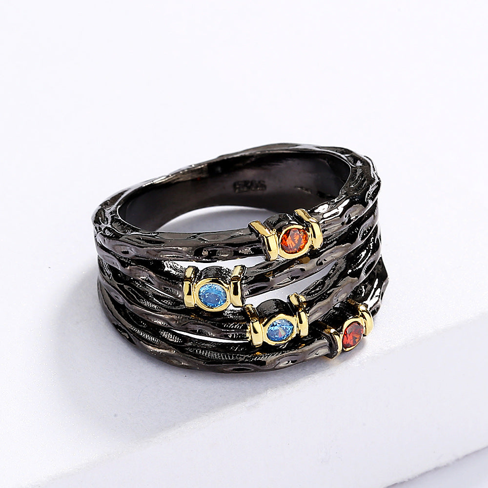 Exaggerated 925 Silver Ring Inlaid with Colorful Zircon Women's Ring Multi-layer Irregular Black Gold Jewelry Women's Party Ring