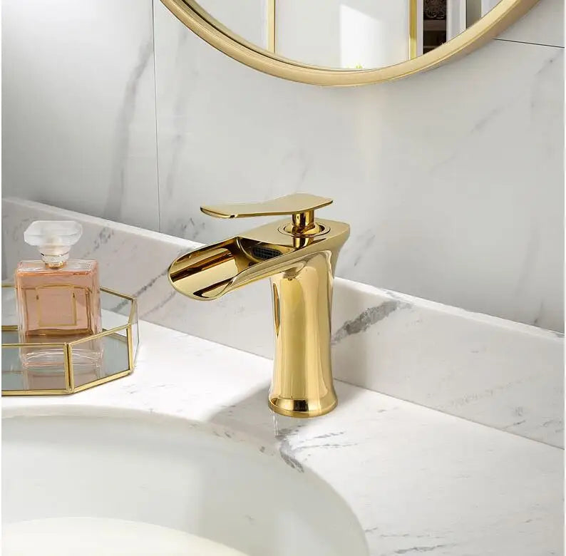 Basin Faucet Grey Waterfall Faucet Brass Bathroom Faucet Gold Bathroom Basin Faucet Mixer Tap Hot and Cold White Sink faucet