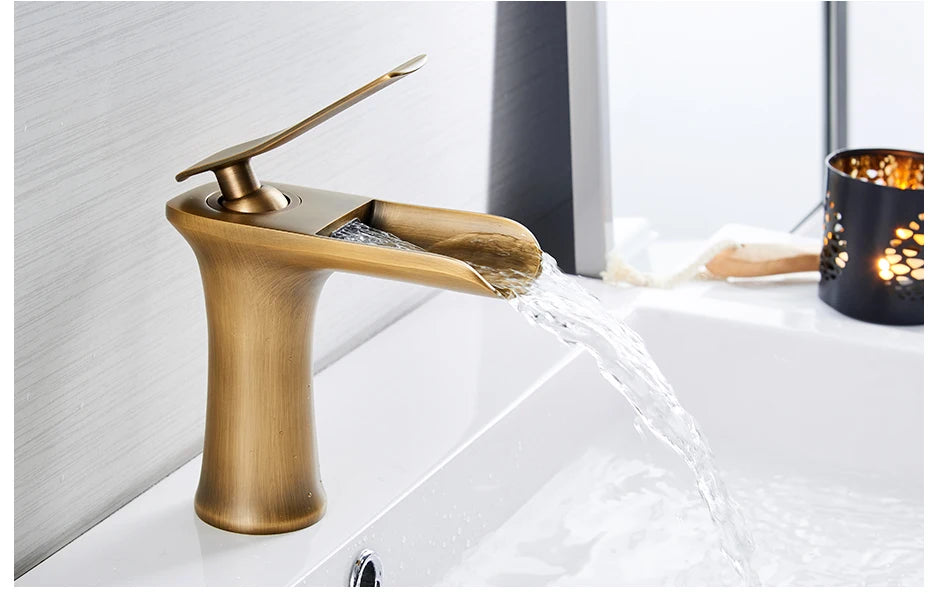 Basin Faucets Waterfall Bathroom Faucet Single handle Basin Mixer Tap Bath Antique Faucet Brass Sink Water Crane Silver 6009