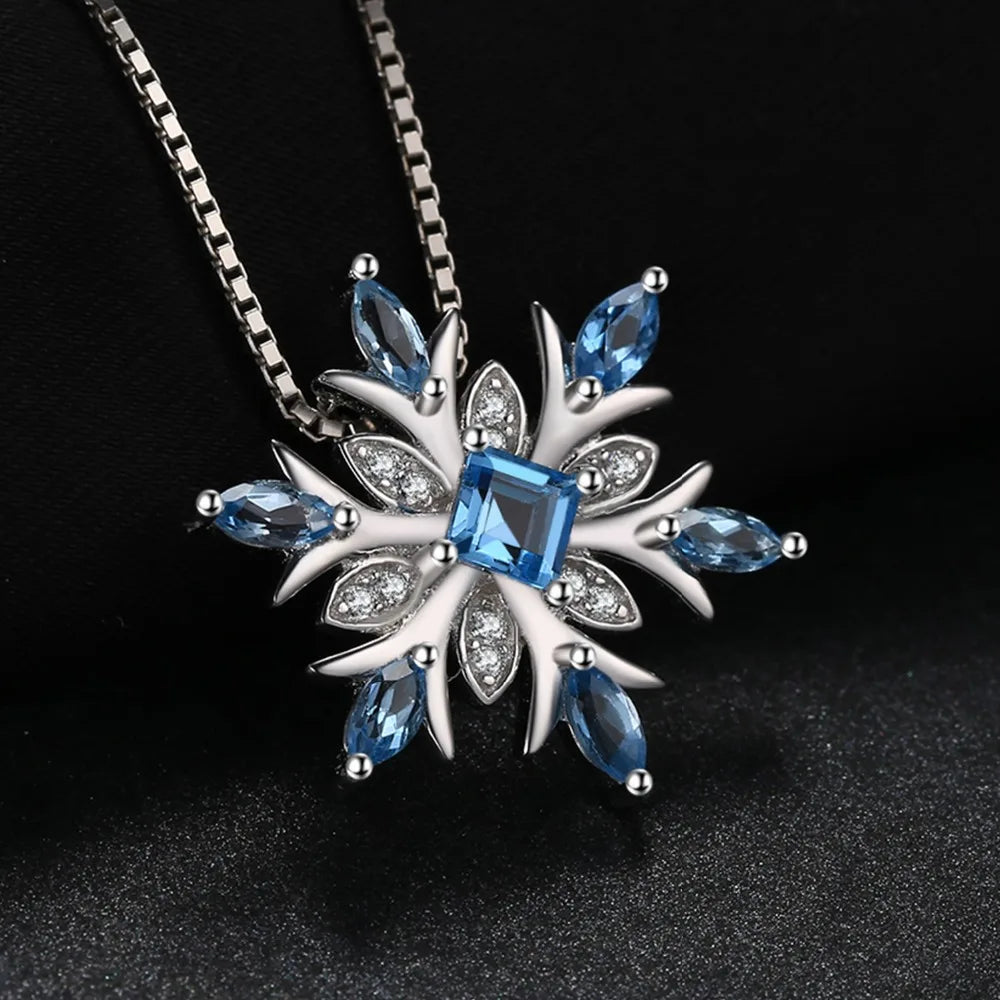 JewelryPalace Snowflake Natural Blue Topaz 925 Sterling Silver Pendant Necklace for Woman Gemstone Fine Jewelry Without Chain