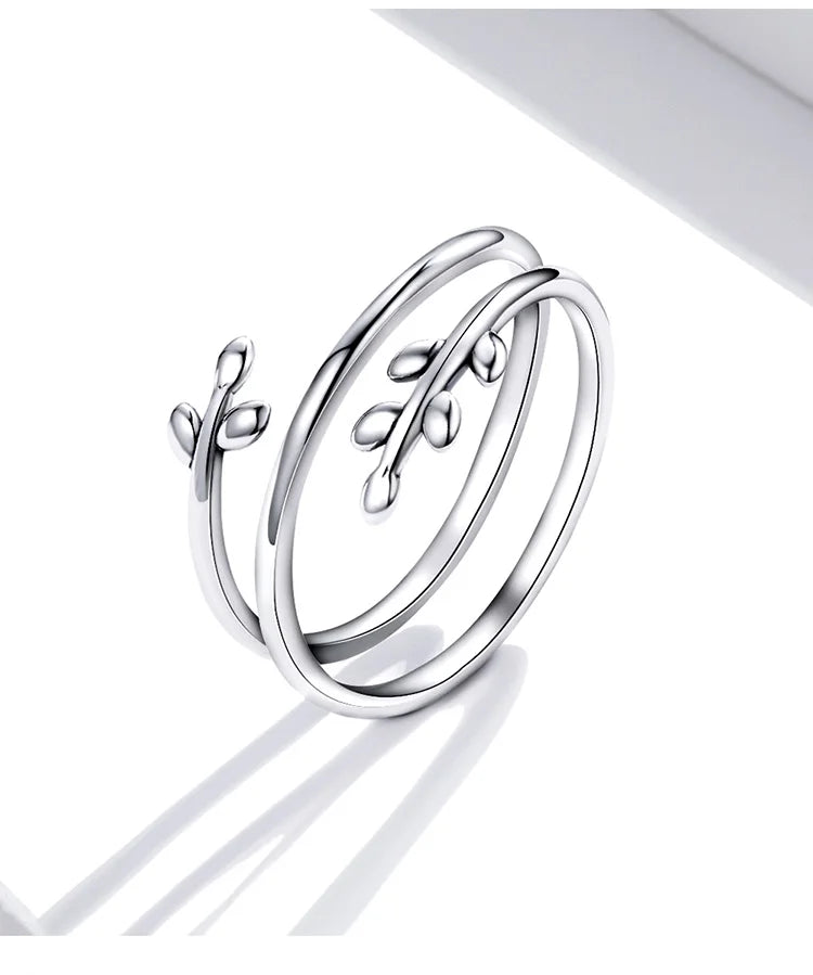 BAMOER Gold Plated Leaves Adjustable Ring, S925 Silver Trendy Multilayer Leaf Open Ring for Women Fashion Jewelry Gift 2 Colors