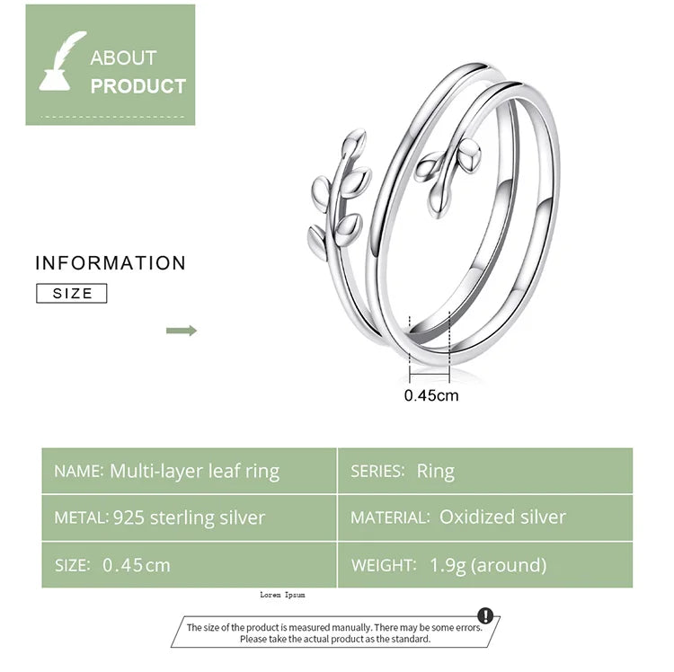 BAMOER Gold Plated Leaves Adjustable Ring, S925 Silver Trendy Multilayer Leaf Open Ring for Women Fashion Jewelry Gift 2 Colors