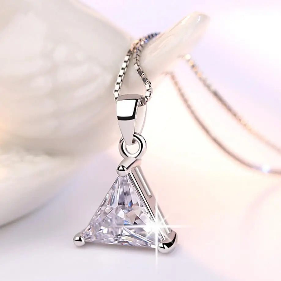 925 Sterling Silver Jewelry AAA Zirconia Triangle Pendant Necklace For Women Gift 45cm Link Chain choker collares S-N107