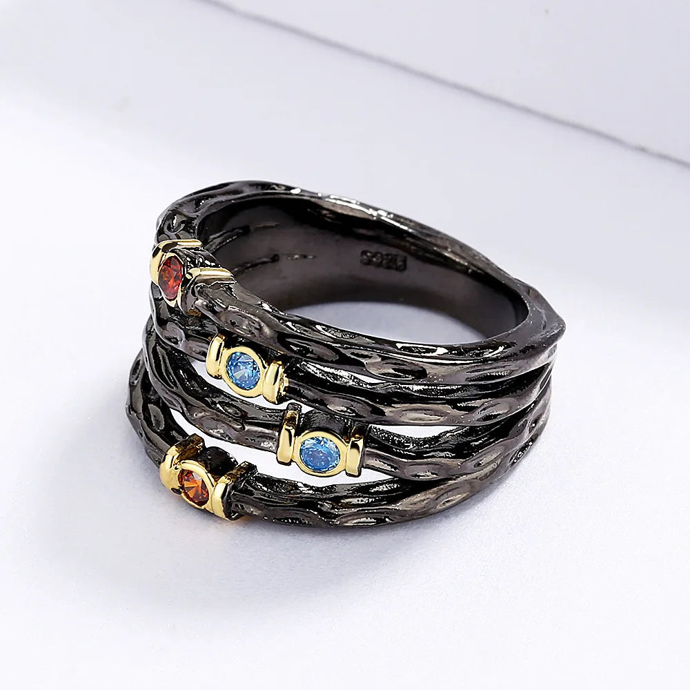 Exaggerated 925 Silver Ring Inlaid with Colorful Zircon Women's Ring Multi-layer Irregular Black Gold Jewelry Women's Party Ring
