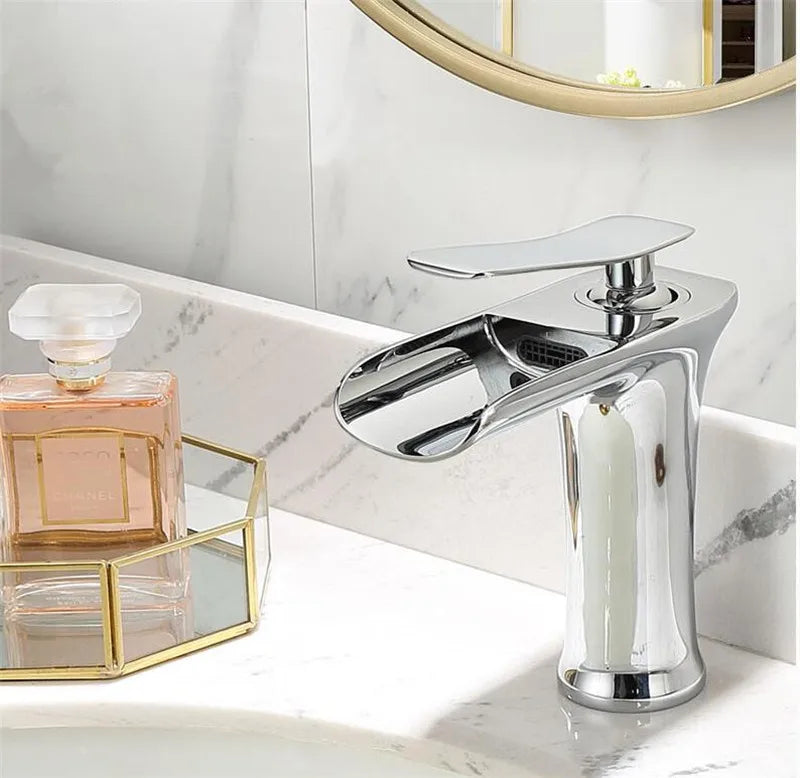 Basin Faucet Grey Waterfall Faucet Brass Bathroom Faucet Gold Bathroom Basin Faucet Mixer Tap Hot and Cold White Sink faucet