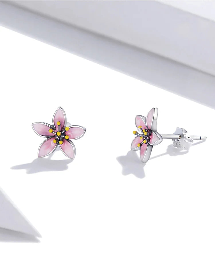 BAMOER Genuine 925 Sterling Silver Elegant Enamel Pink Cherry Blossom Stud Earrings for Women Flower Wedding Jewelry Gift