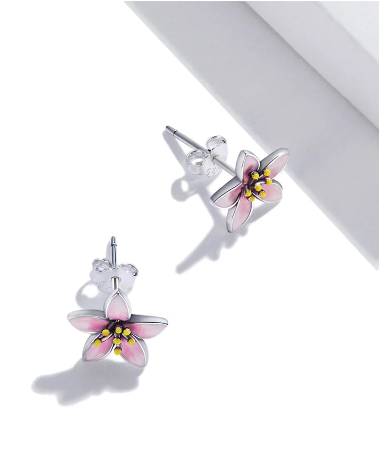 BAMOER Genuine 925 Sterling Silver Elegant Enamel Pink Cherry Blossom Stud Earrings for Women Flower Wedding Jewelry Gift