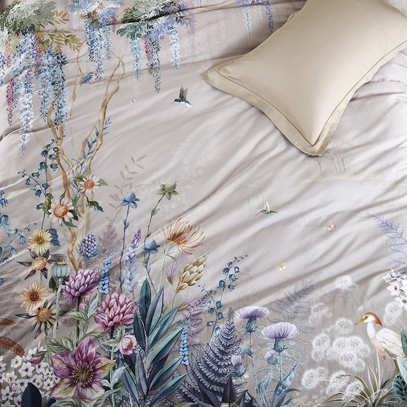 100% Egyptian Cotton US size Bedding Queen King size 4Pcs Birds and Flowers Leaf Gray Shabby Duvet Cover Bed sheet Pillow shams