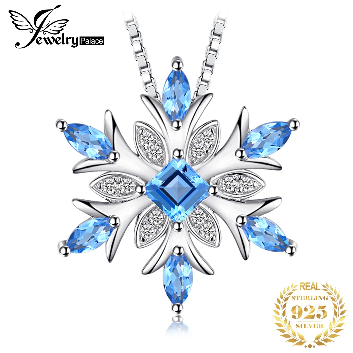 JewelryPalace Snowflake Natural Blue Topaz 925 Sterling Silver Pendant Necklace for Woman Gemstone Fine Jewelry Without Chain