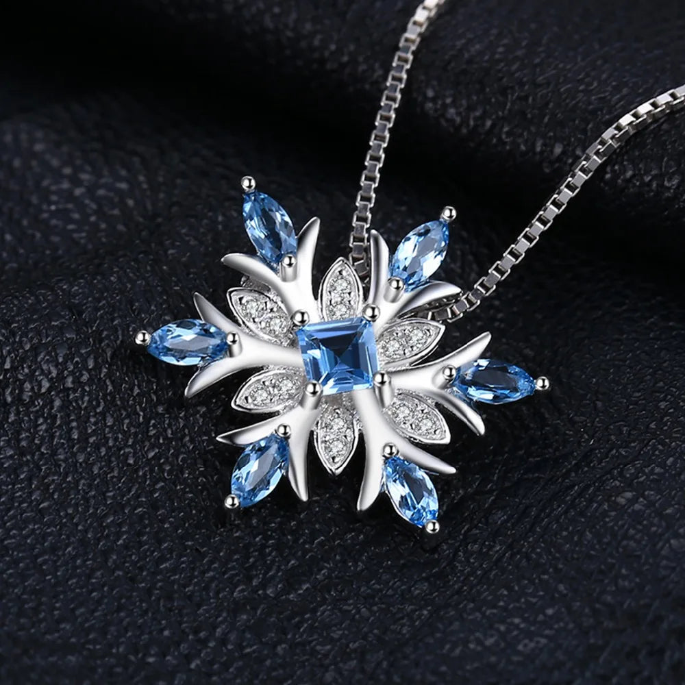 JewelryPalace Snowflake Natural Blue Topaz 925 Sterling Silver Pendant Necklace for Woman Gemstone Fine Jewelry Without Chain