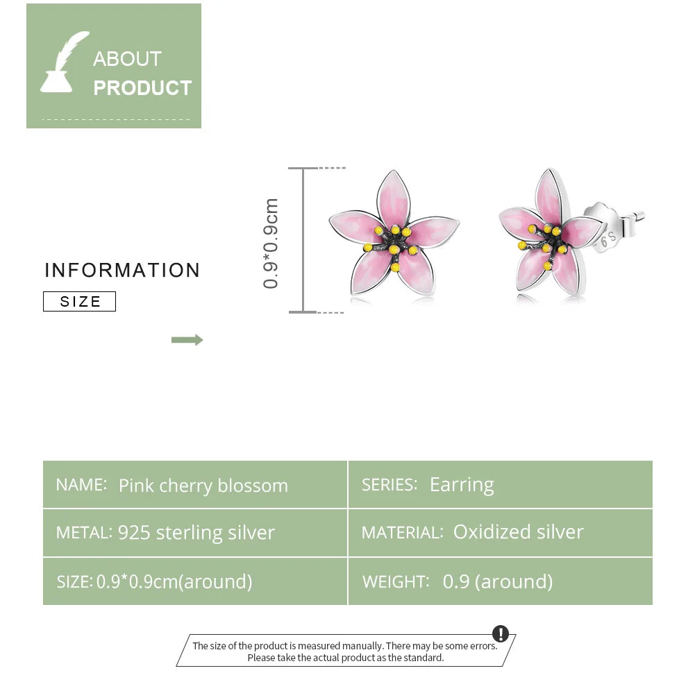 BAMOER Genuine 925 Sterling Silver Elegant Enamel Pink Cherry Blossom Stud Earrings for Women Flower Wedding Jewelry Gift