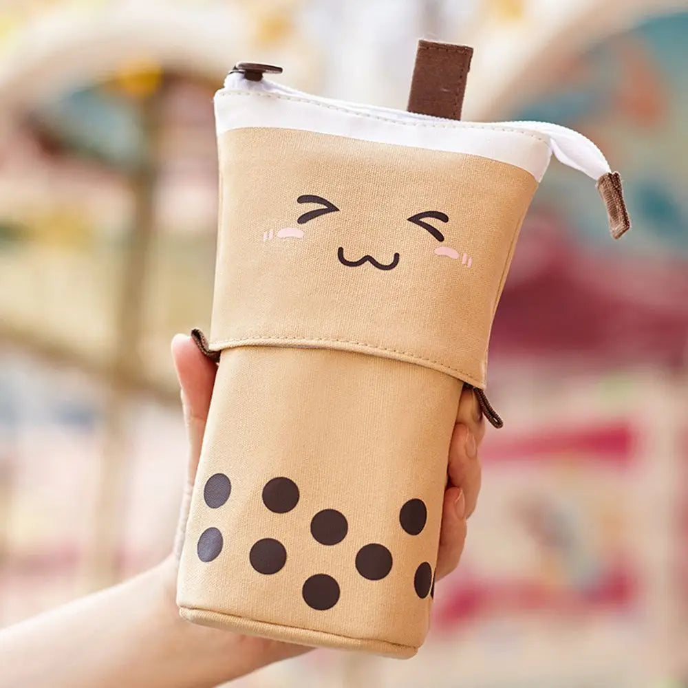1 Set Cute Boba Milk Tea Retractable Pen Bag Pencil Holder Stationery Case Stand Up Pencil Case For Kids Stationery Pouch Bag