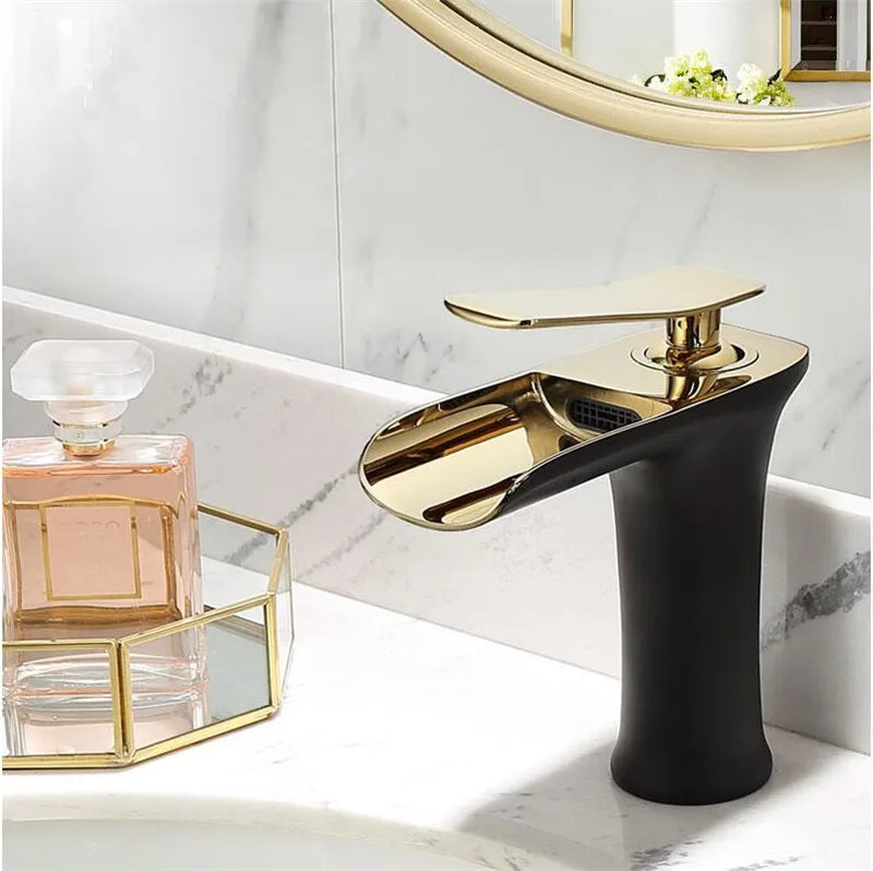 Basin Faucet Grey Waterfall Faucet Brass Bathroom Faucet Gold Bathroom Basin Faucet Mixer Tap Hot and Cold White Sink faucet