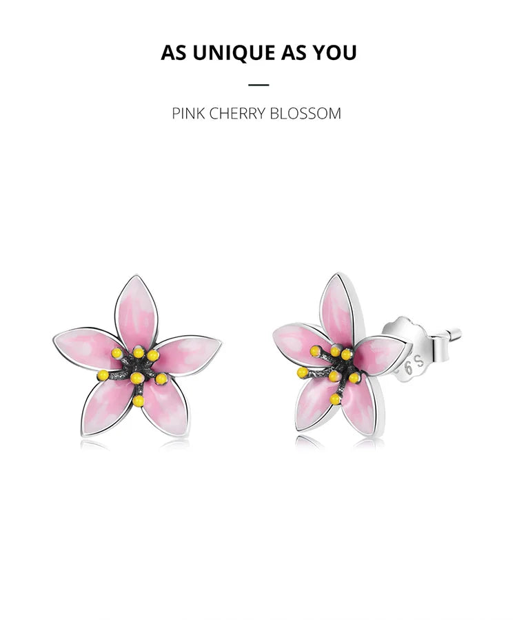 BAMOER Genuine 925 Sterling Silver Elegant Enamel Pink Cherry Blossom Stud Earrings for Women Flower Wedding Jewelry Gift