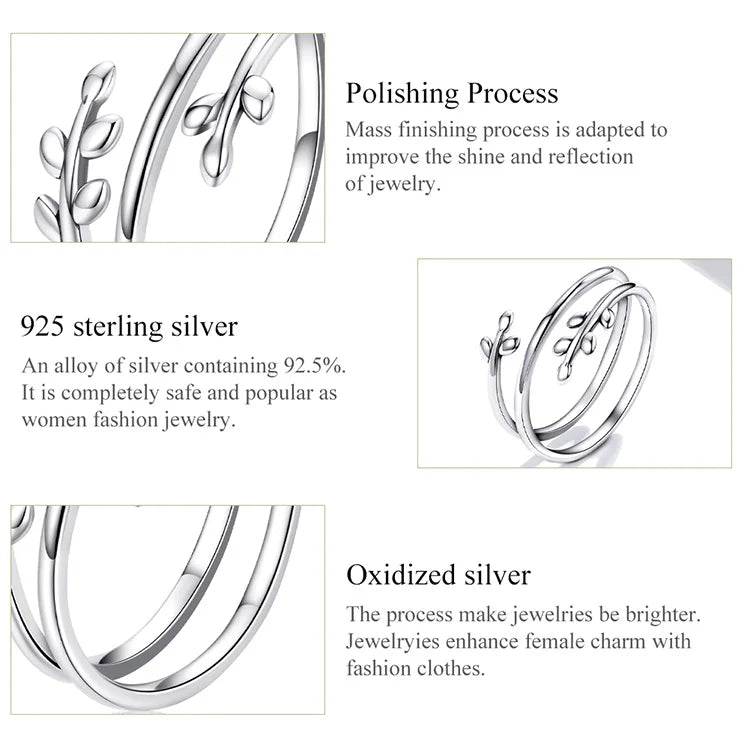 BAMOER Gold Plated Leaves Adjustable Ring, S925 Silver Trendy Multilayer Leaf Open Ring for Women Fashion Jewelry Gift 2 Colors