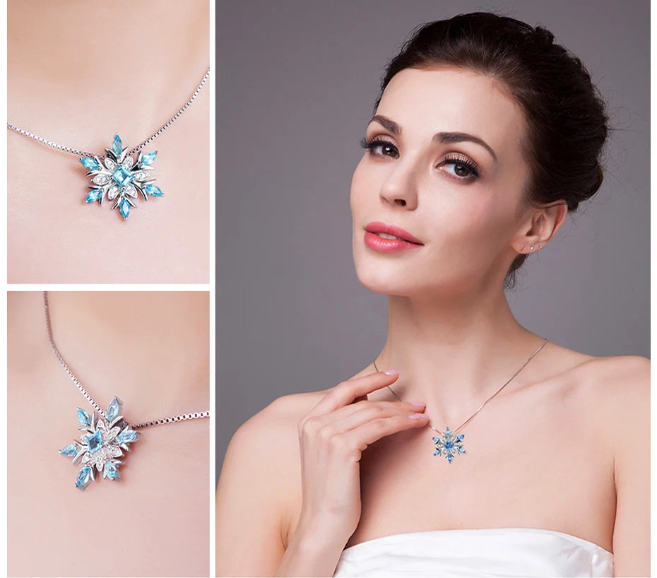 JewelryPalace Snowflake Natural Blue Topaz 925 Sterling Silver Pendant Necklace for Woman Gemstone Fine Jewelry Without Chain