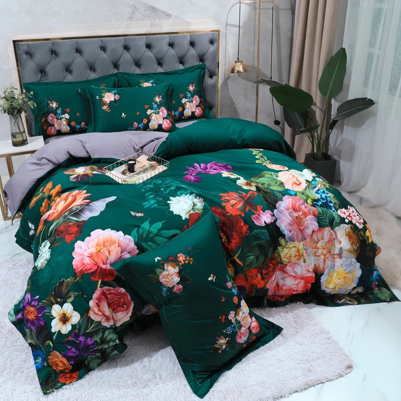 100% Egyptian Cotton US size Bedding Queen King size 4Pcs Birds and Flowers Leaf Gray Shabby Duvet Cover Bed sheet Pillow shams