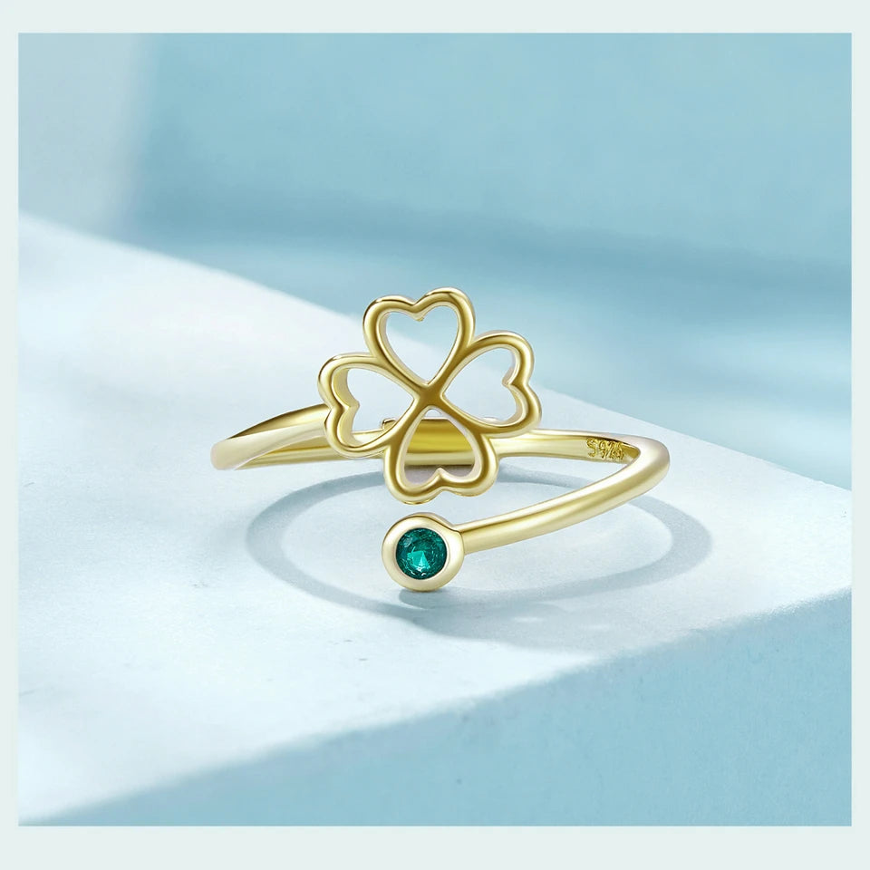 BAMOER 925 Sterling Silver Simple Four Leaf Clover Ring for Girl, Women 14K Gold Plated Promise Lucky Ring 3 Colors SCR843